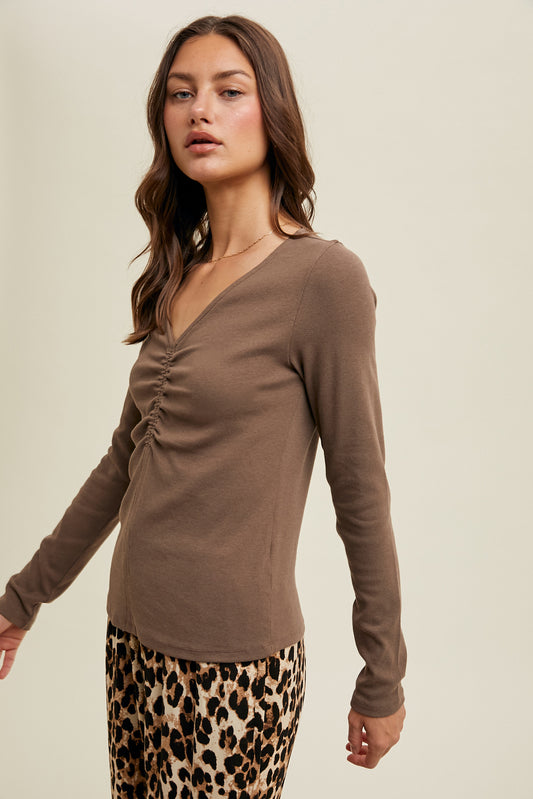 Ruched V-Neck Top - Mocha