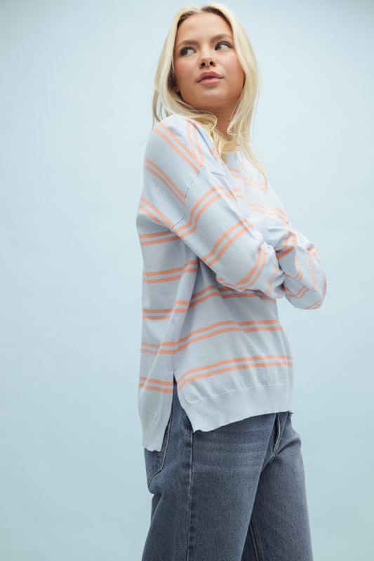 Striped Pullover Sweater - Blue/Coral Mix