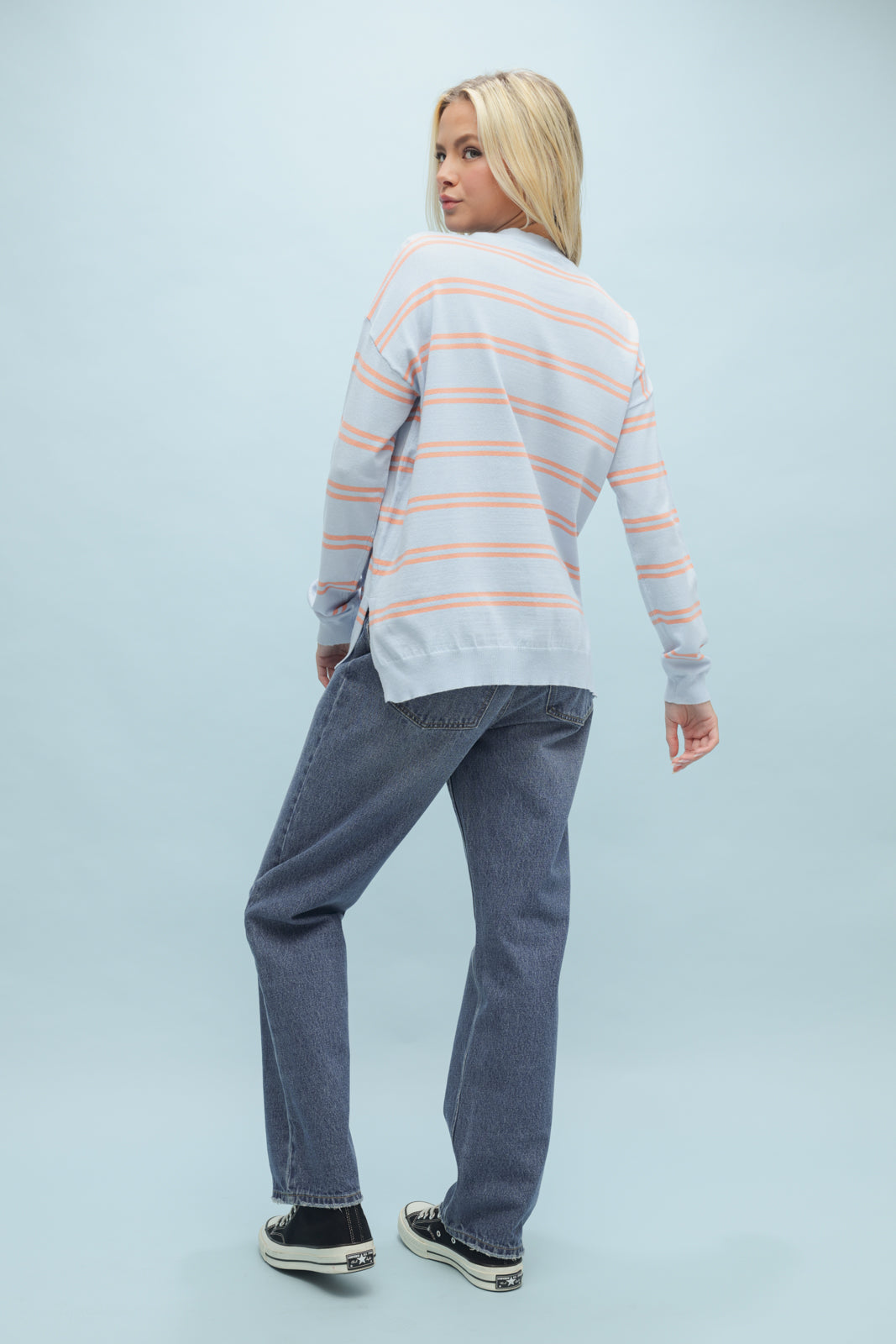 Striped Pullover Sweater - Blue/Coral Mix