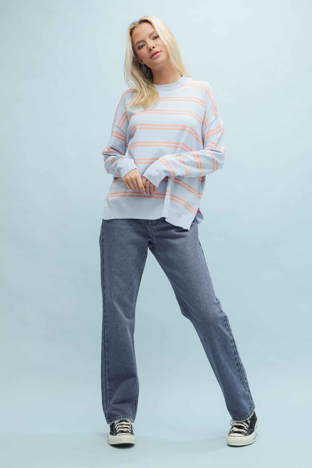 Striped Pullover Sweater - Blue/Coral Mix
