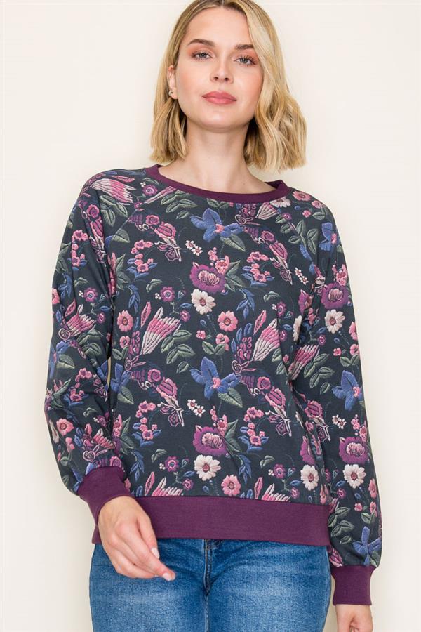 Embroidered Floral Terry Pullover - Purple