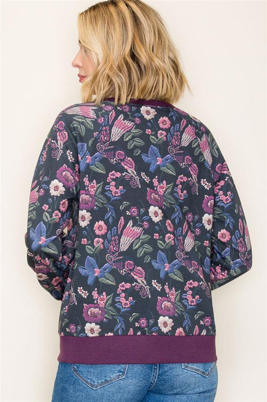 Embroidered Floral Terry Pullover - Purple