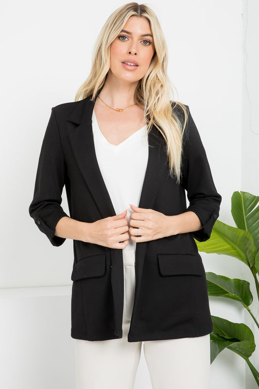 Ponte Open Front Roll Up Blazer - Black