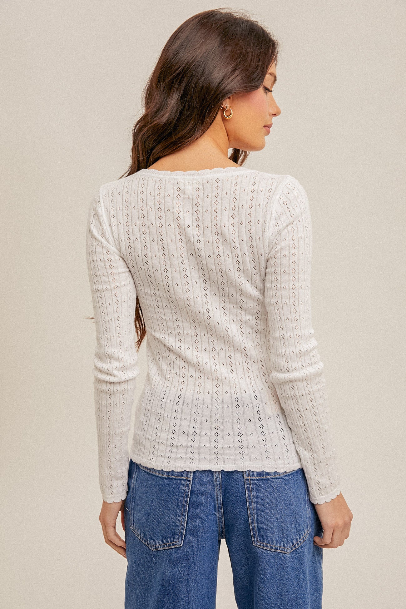 White Pointelle Knit Henley