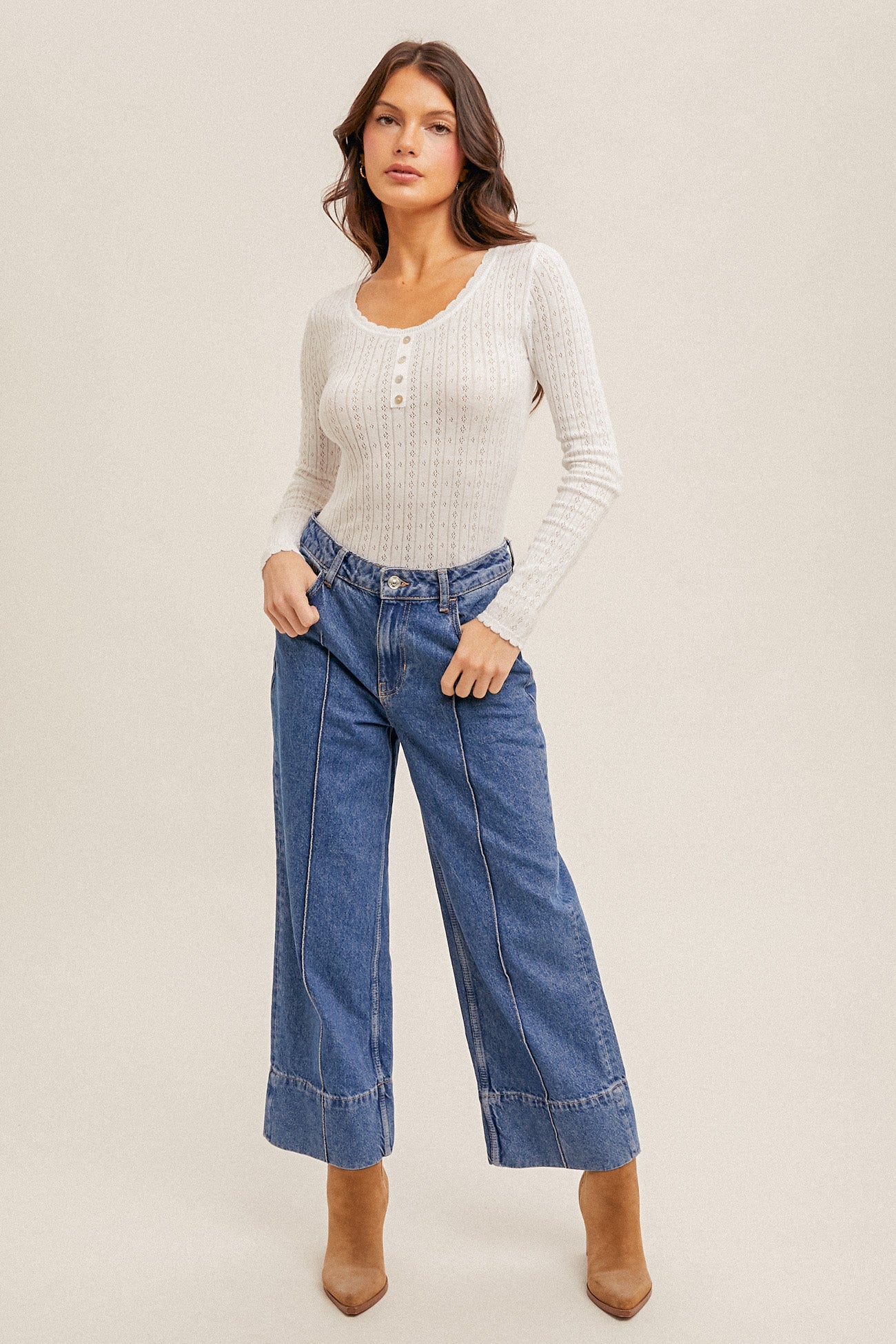 White Pointelle Knit Henley