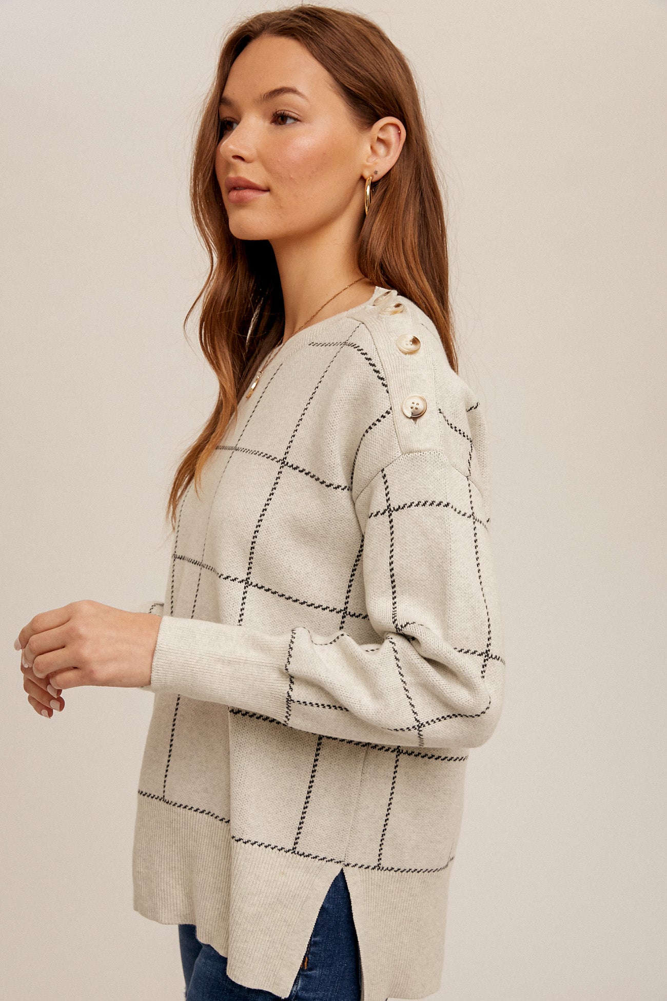 Shoulder Button Grid Sweater