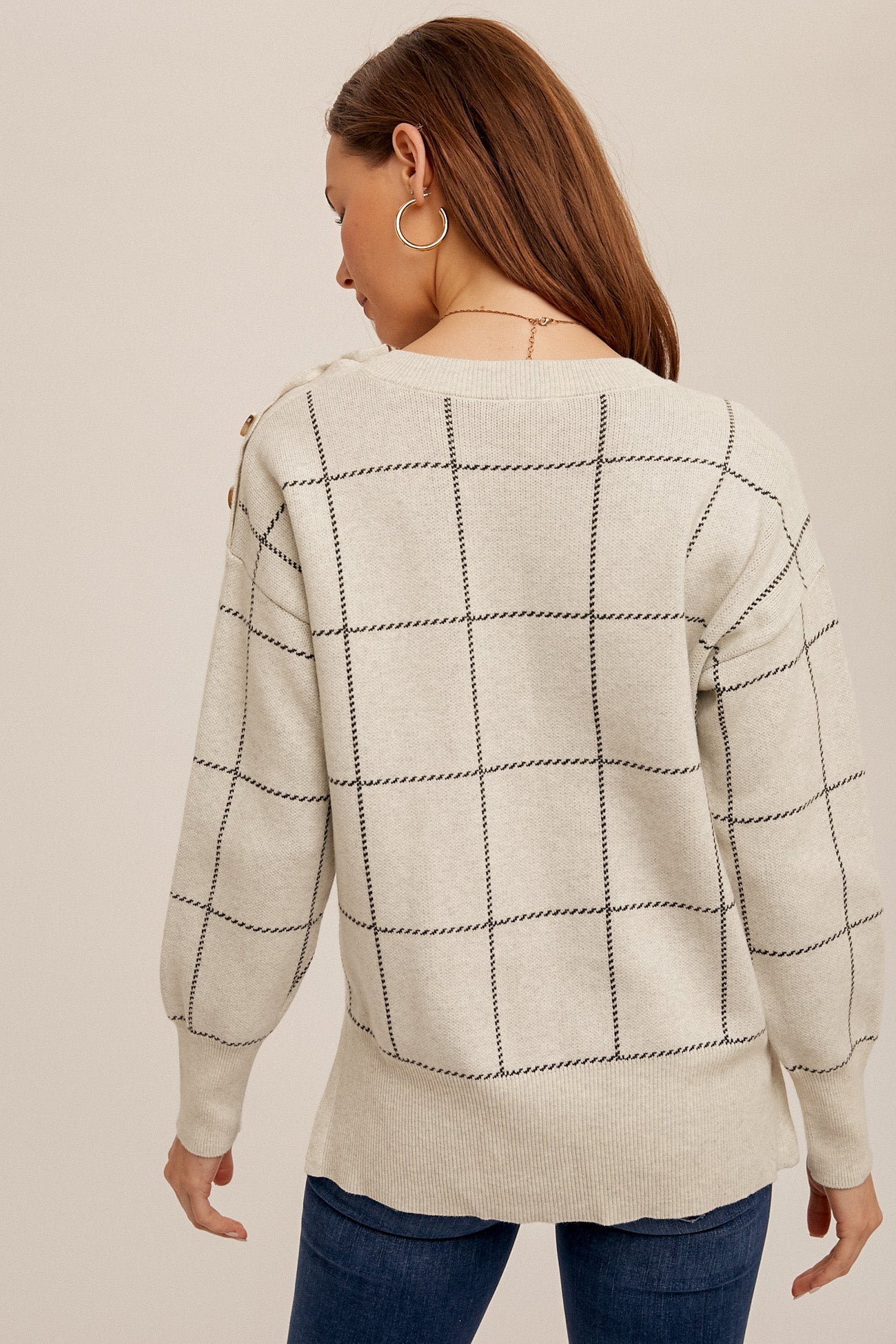 Shoulder Button Grid Sweater