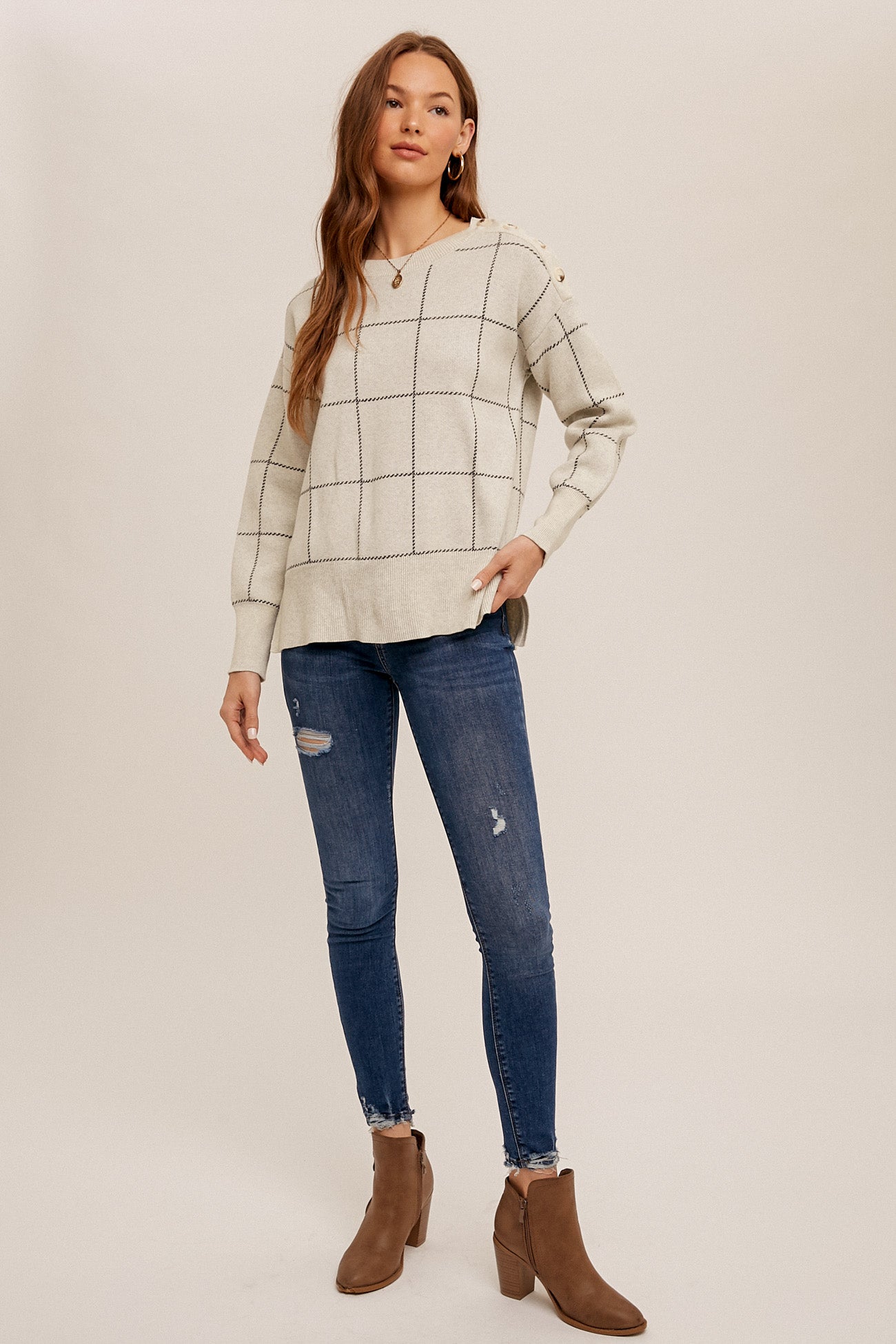 Shoulder Button Grid Sweater