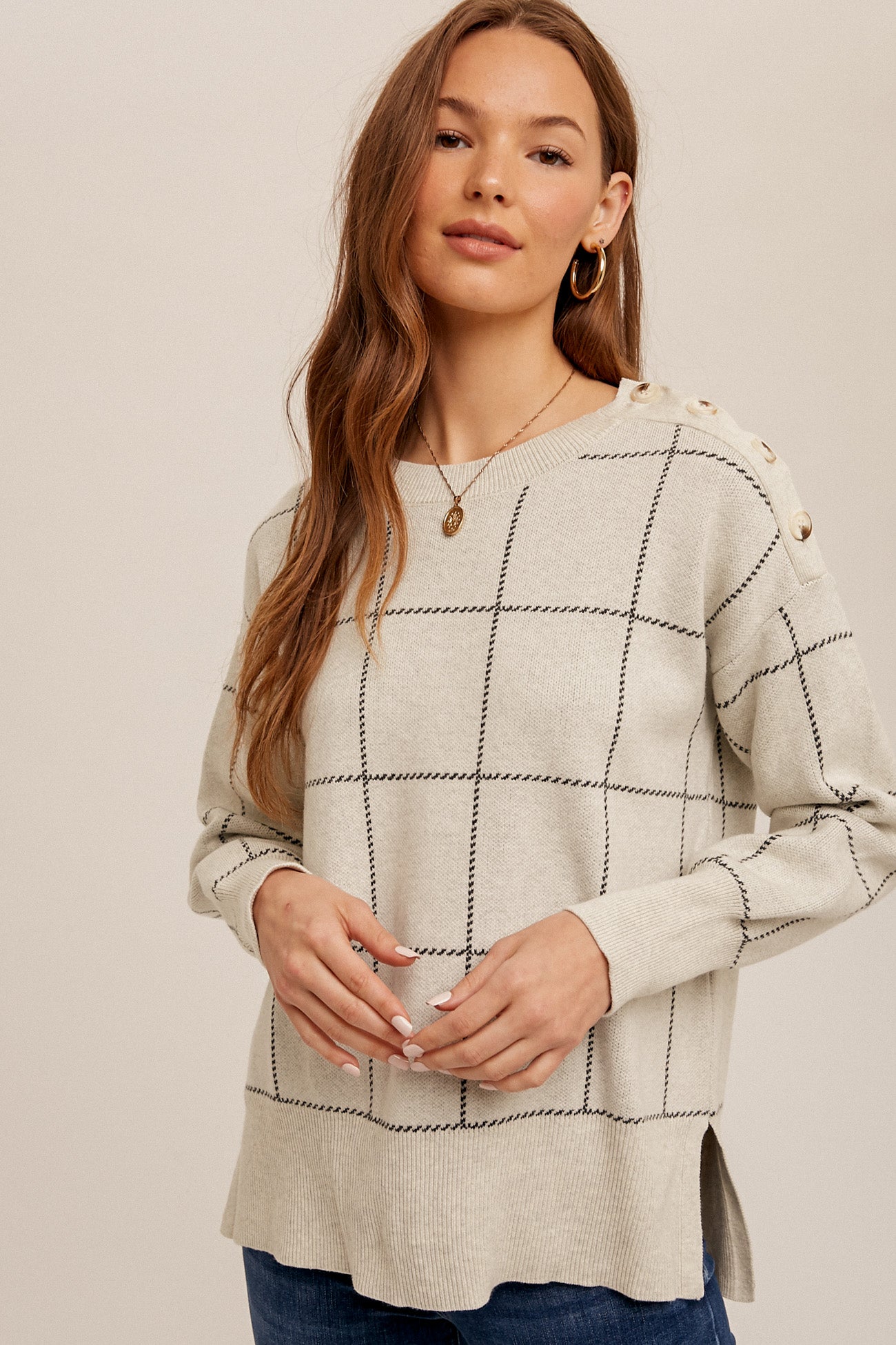 Shoulder Button Grid Sweater