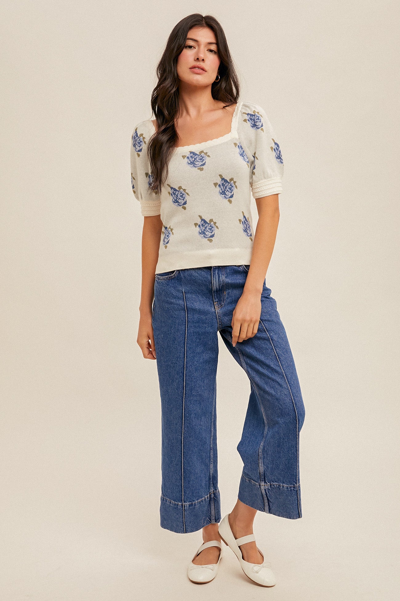 Floral Puff Sleeve Sweater Top