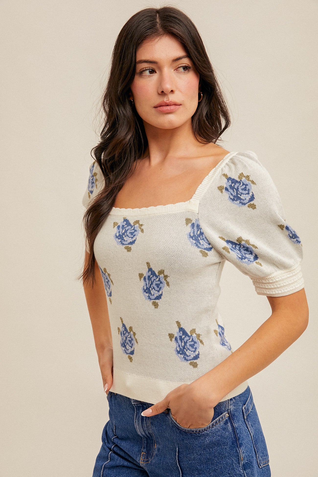 Floral Puff Sleeve Sweater Top