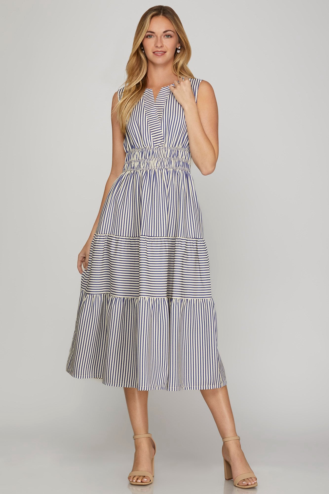 blue and white striped tiered dress Karen Kane Women's Stripe Sleeveless Tiered Midi Dress, Large