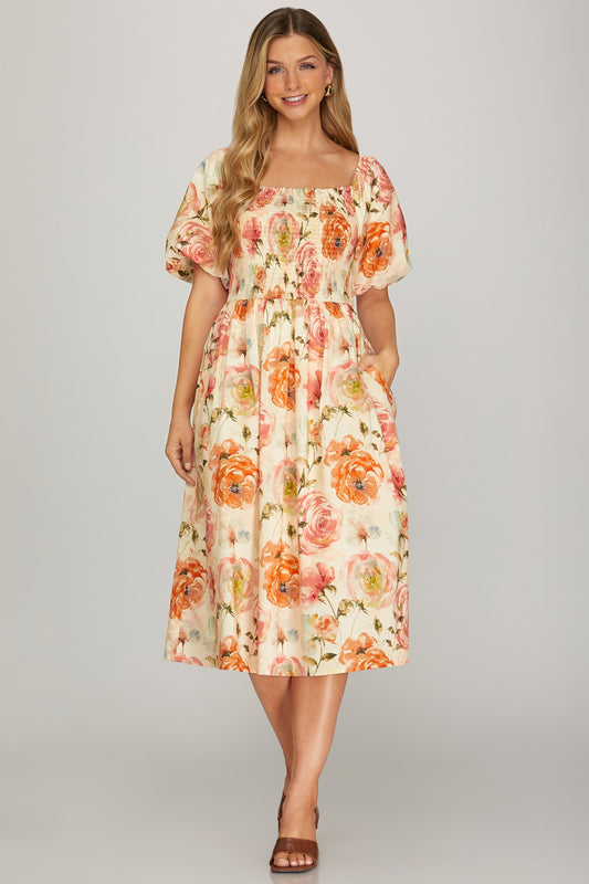 Smocked Puff Sleeve Dress