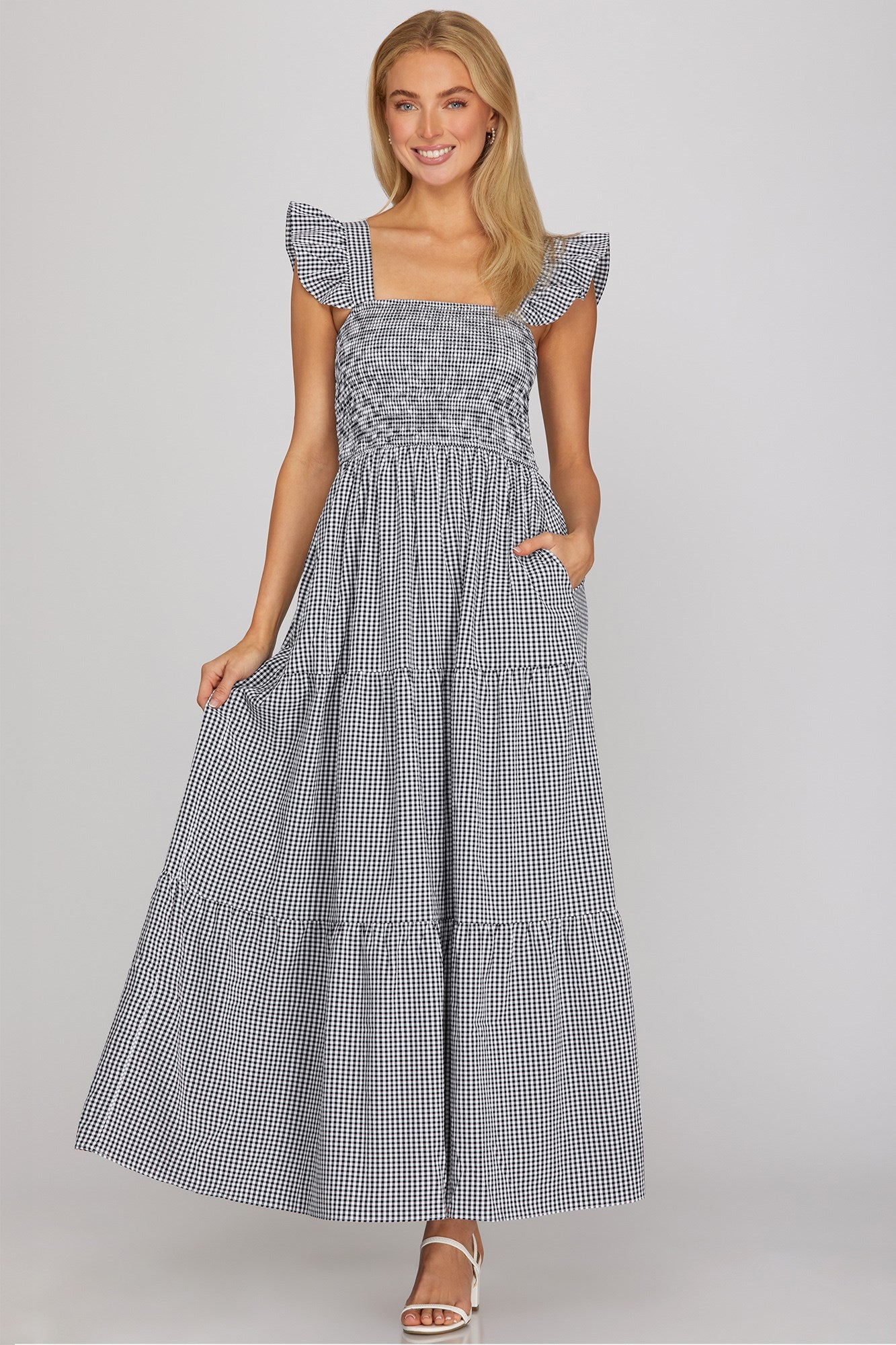 gingham dress smocked Gingham Checkered Smocked Dress M / NAVY