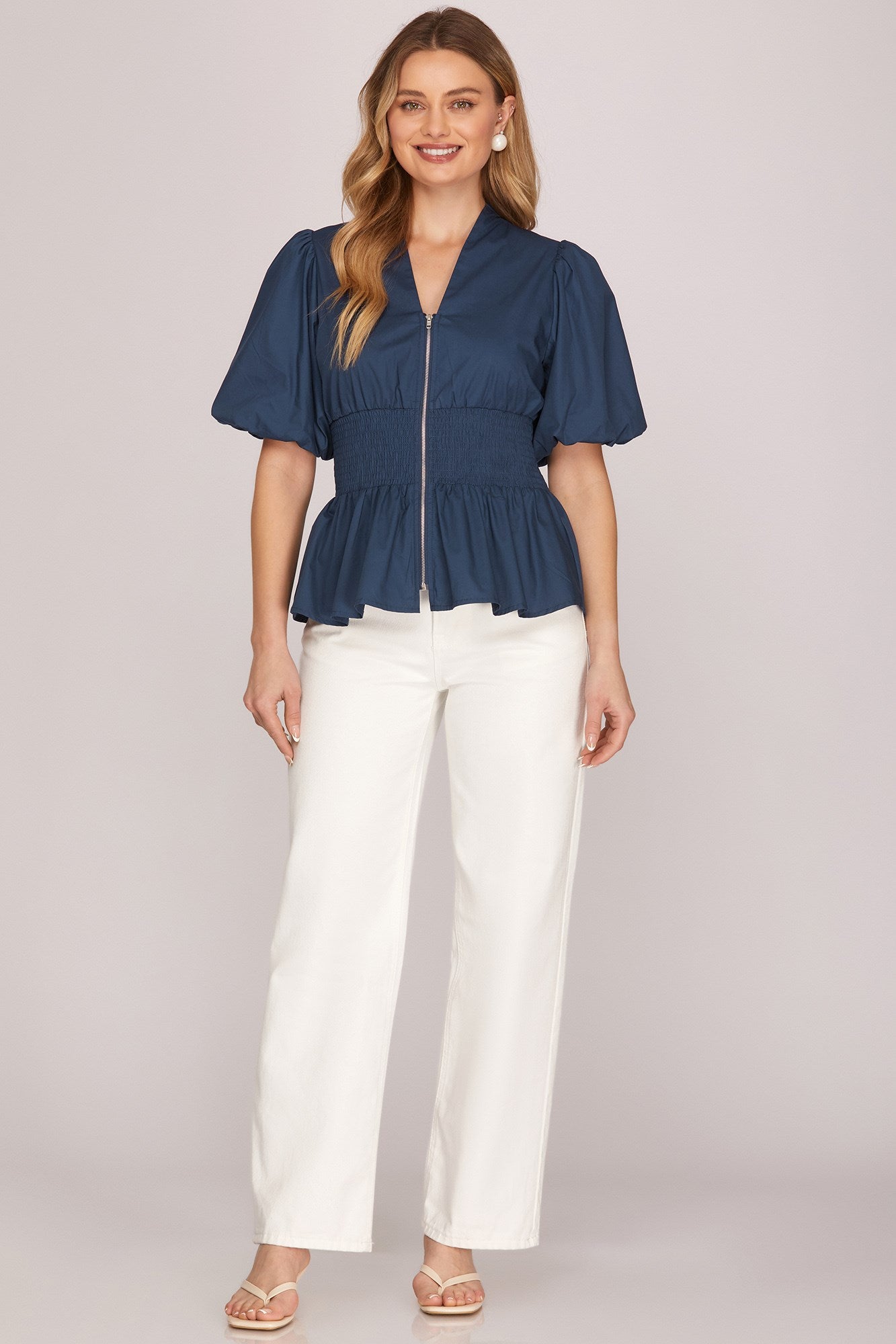 Front Zip Smocked Top