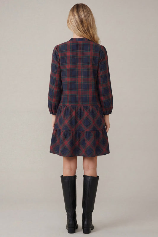 Navy Plaid Button Dress