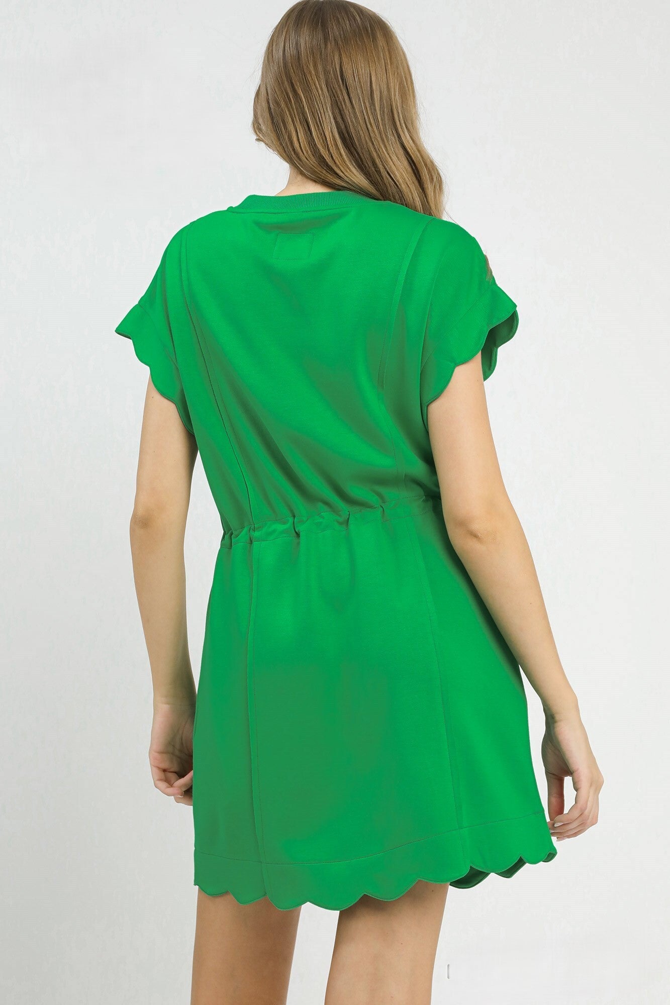 Scallop Hem Drawstring Dress - Island Green