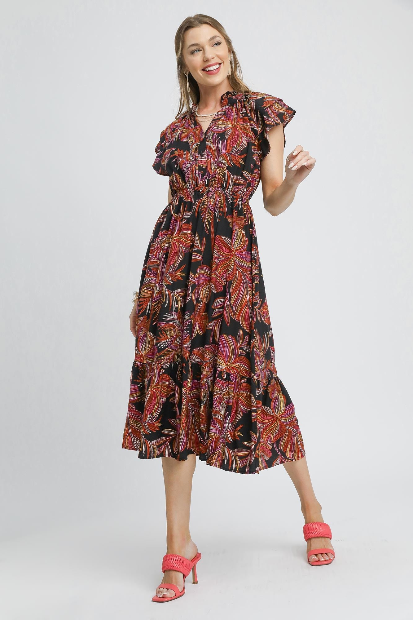 Tropical Ruffle Sleeve Dress