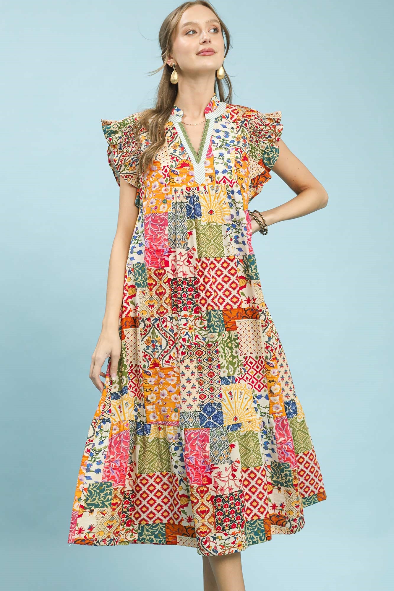 vintage patchwork dress Patchwork Ruffle Sleeve Dress S / SAGE MIX