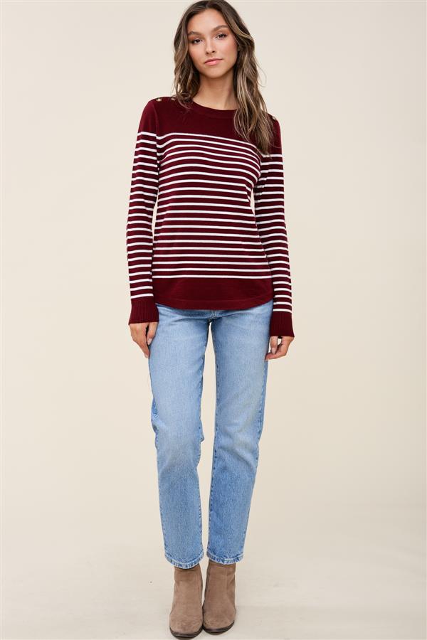 Button Shoulder Striped Sweater