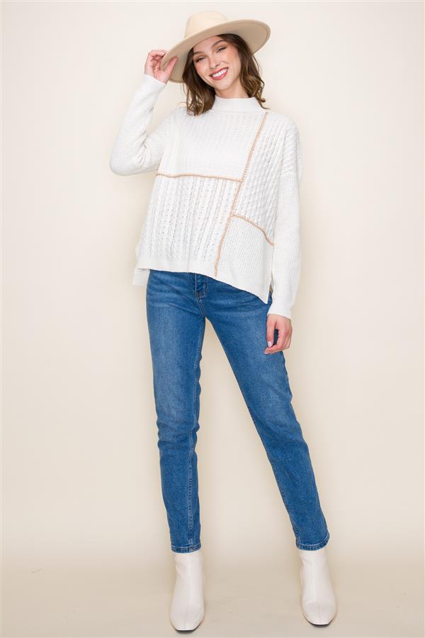 Mock Neck Contrast Stitched Sweater