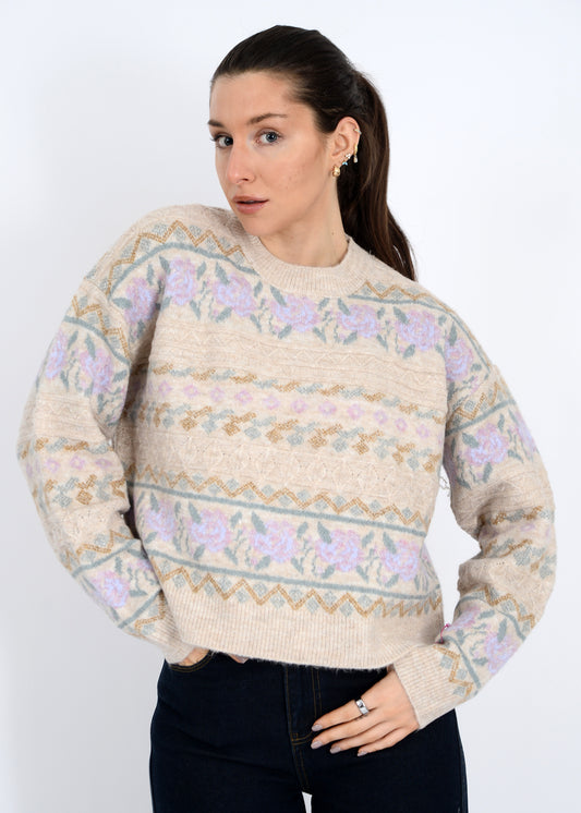 Rose & Geometric Print Sweater