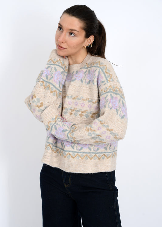 Rose & Geometric Print Sweater