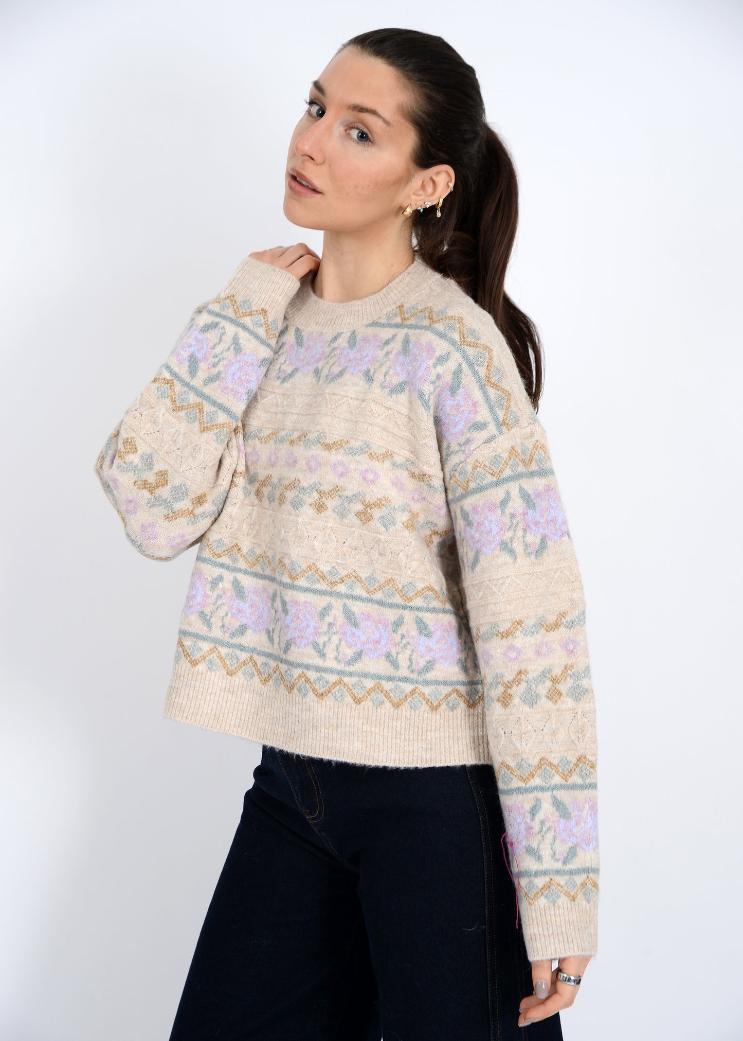 Rose & Geometric Print Sweater
