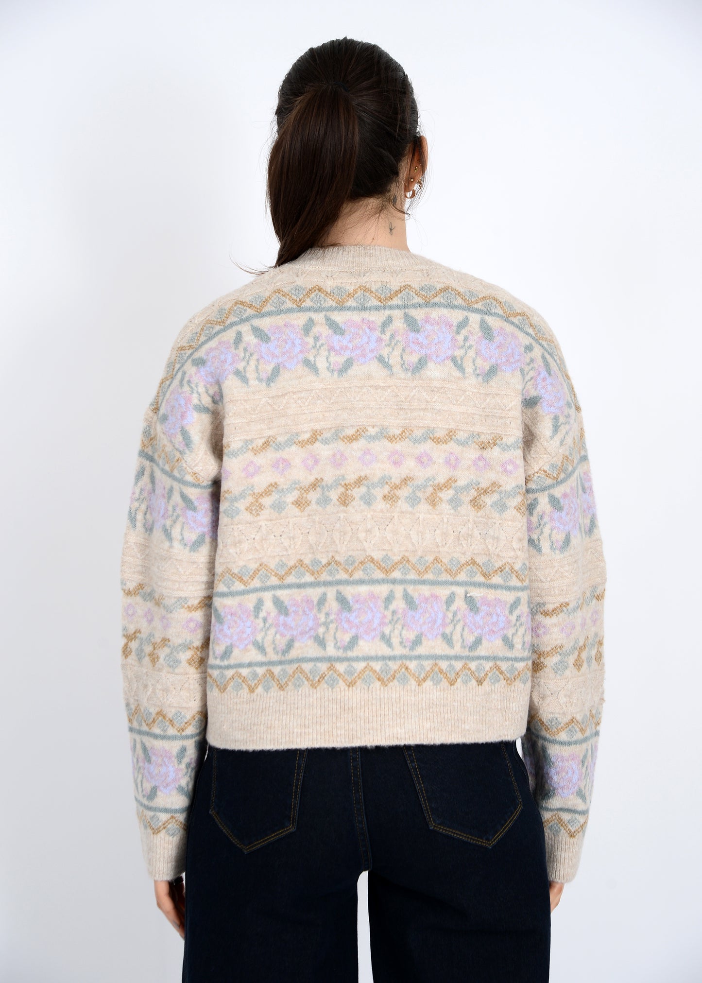 Rose & Geometric Print Sweater