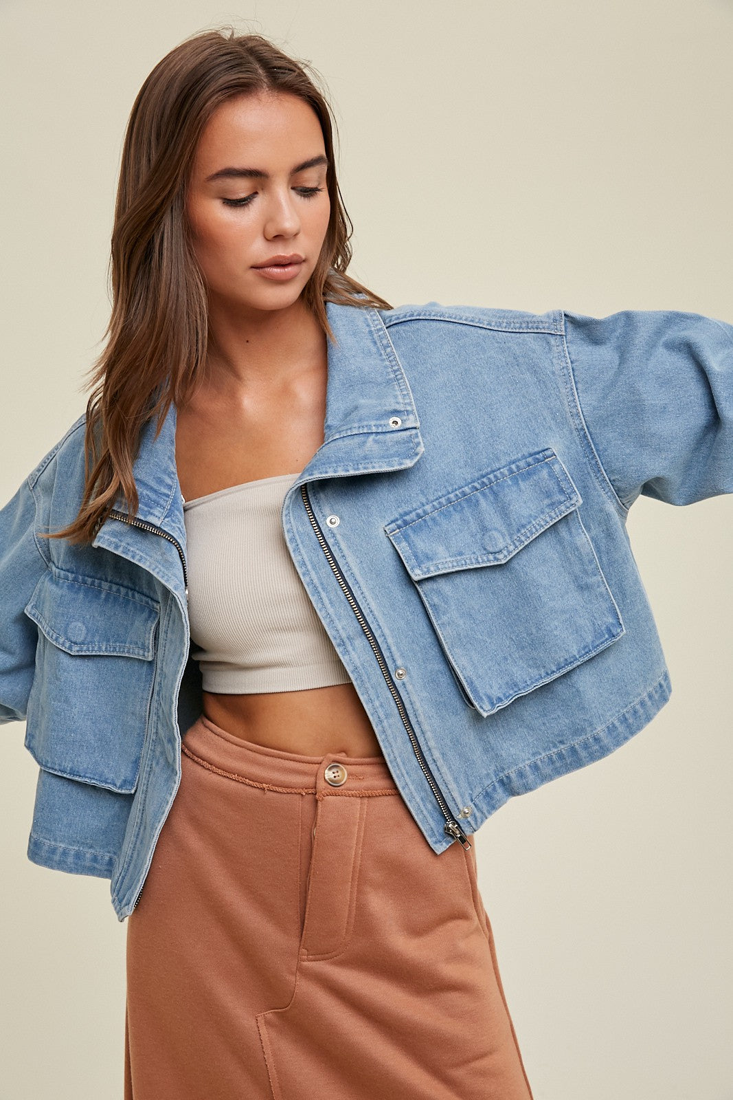 Cropped Denim Bomber