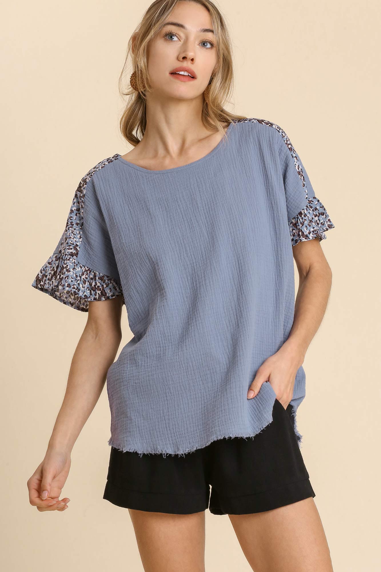 Ruffle Sleeve Fringe Hem Cut Out Back Animal Print Top