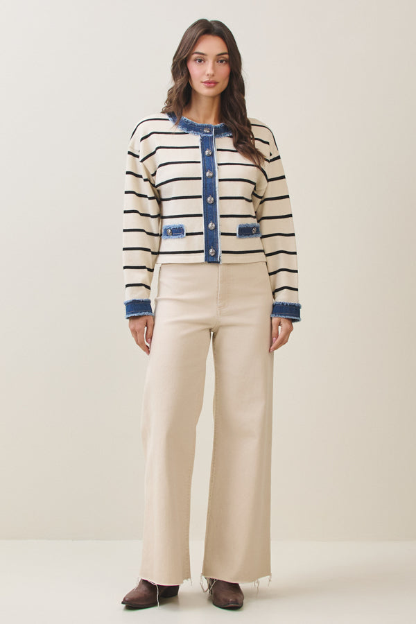 Denim Trim Stripe Cardigan