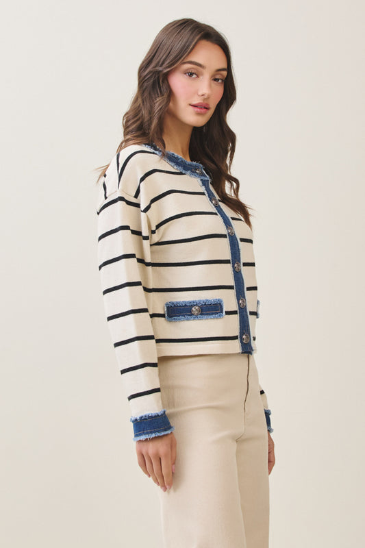 Denim Trim Stripe Cardigan