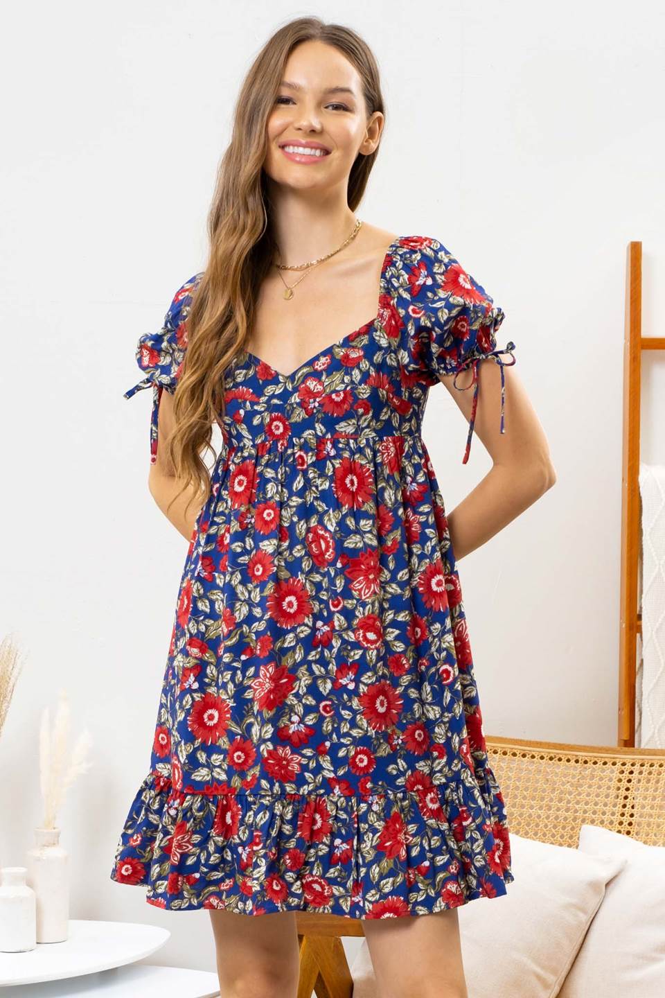 Floral Print Puff Sleeves Sweetheart Dress