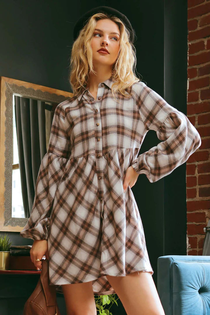 Plaid Babydoll Mini Shirt Dress