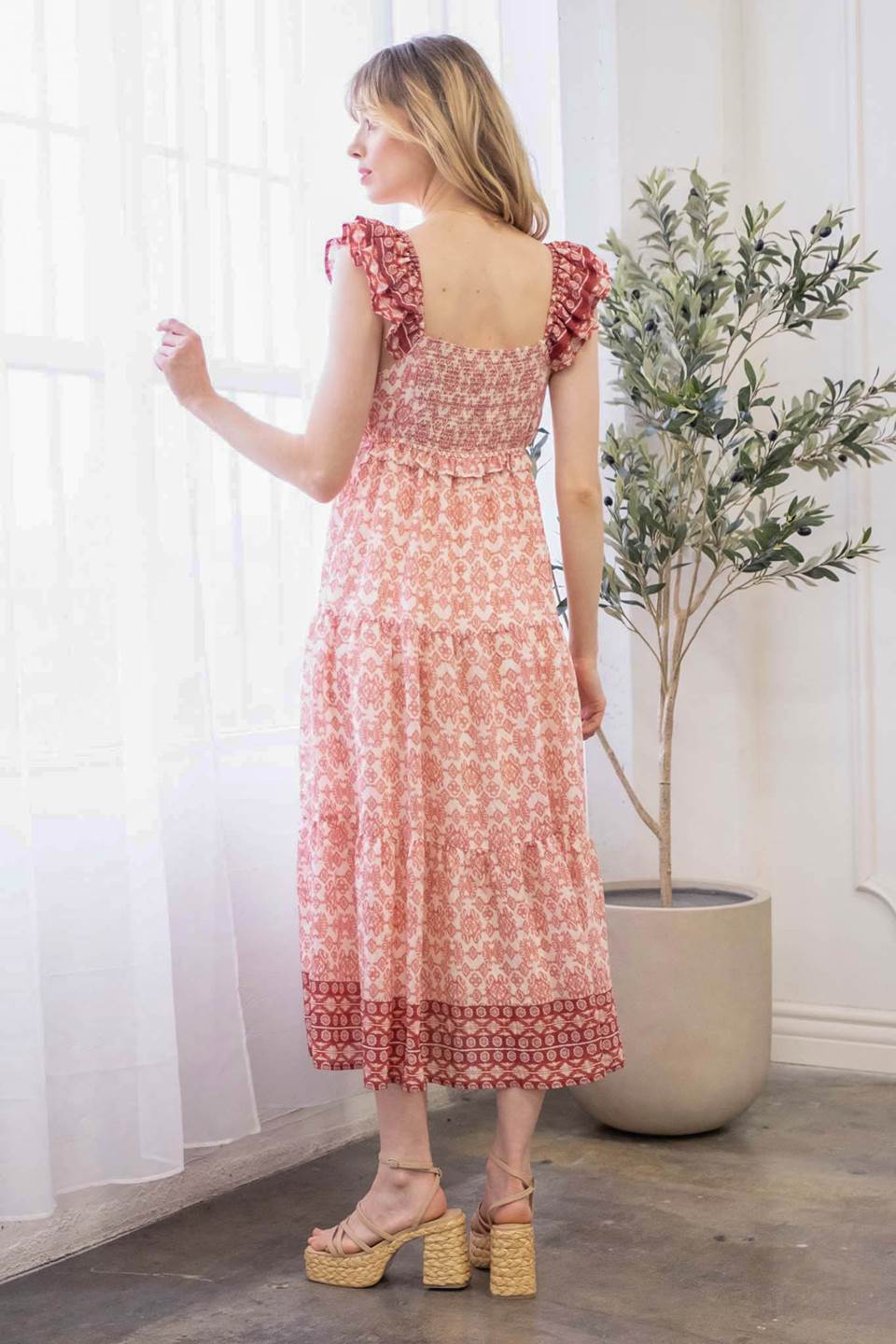 Square Neck Geometric Print Red Dress