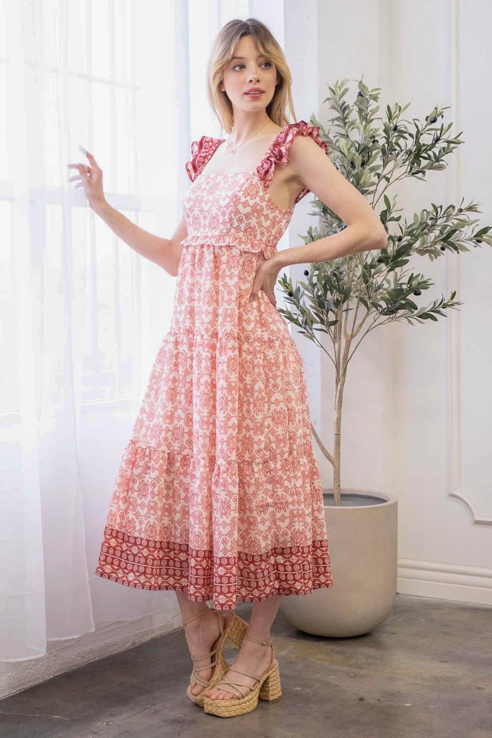 Square Neck Geometric Print Red Dress