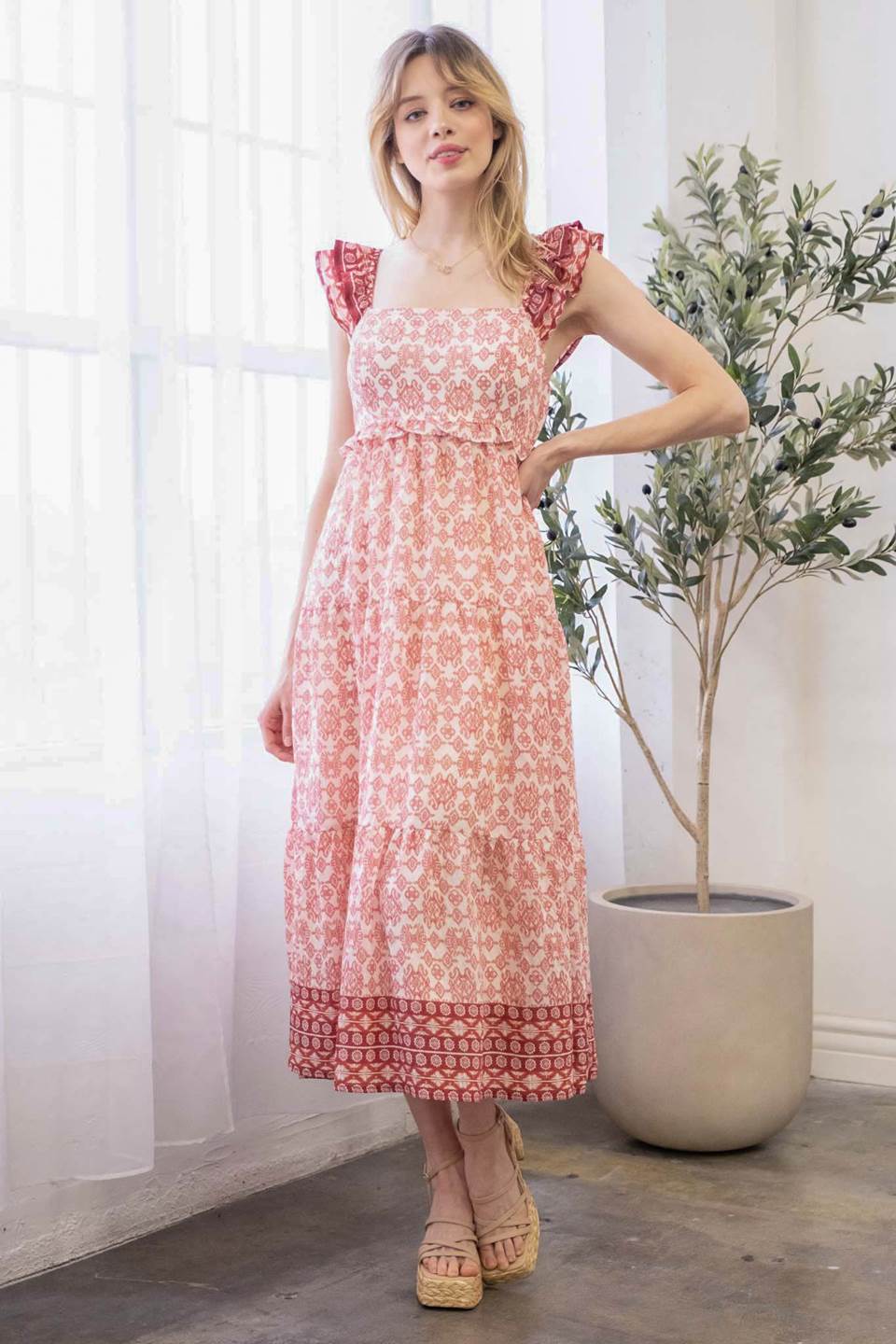 Square Neck Geometric Print Red Dress
