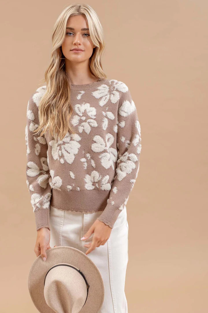 Floral Distressed Terry Sweater