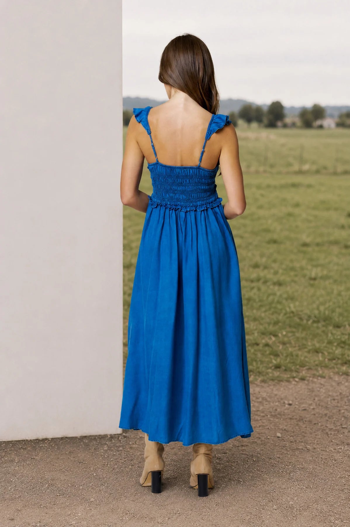 Smocked Denim Ruffle Dress