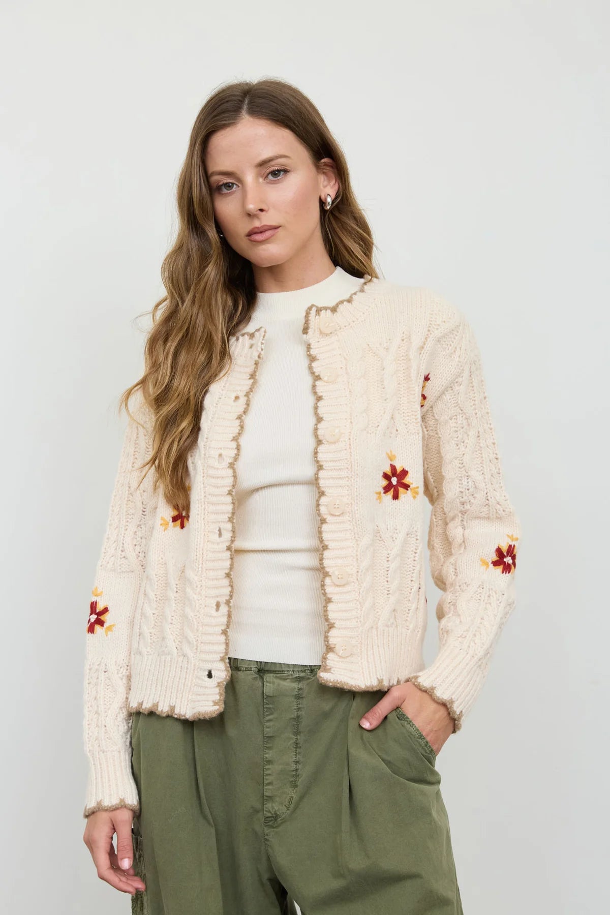 Checkered Knit Flower Cardigan