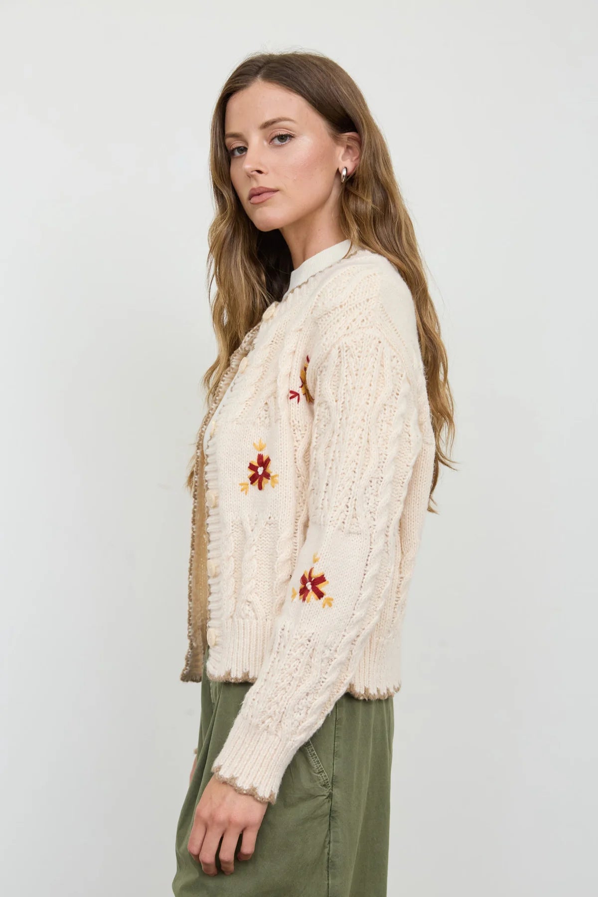Checkered Knit Flower Cardigan