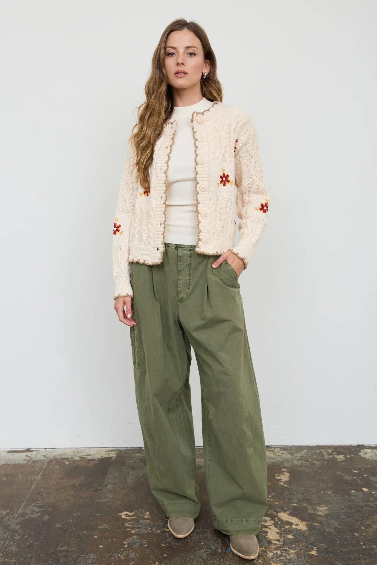Checkered Knit Flower Cardigan