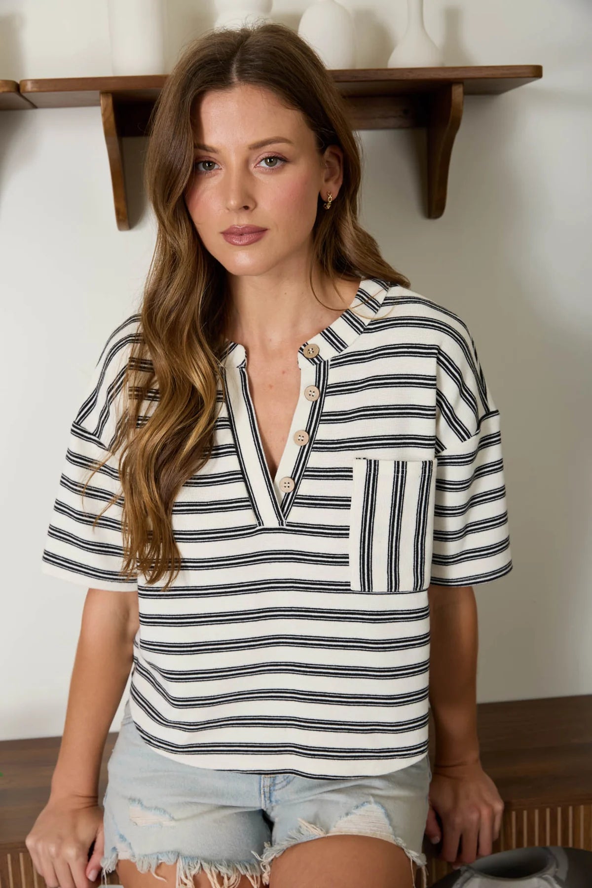 Boxy Henley Striped Top