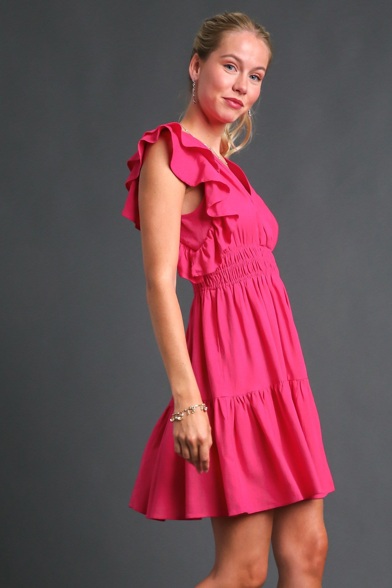 Ruffle Sleeve Pin Tucked Dress