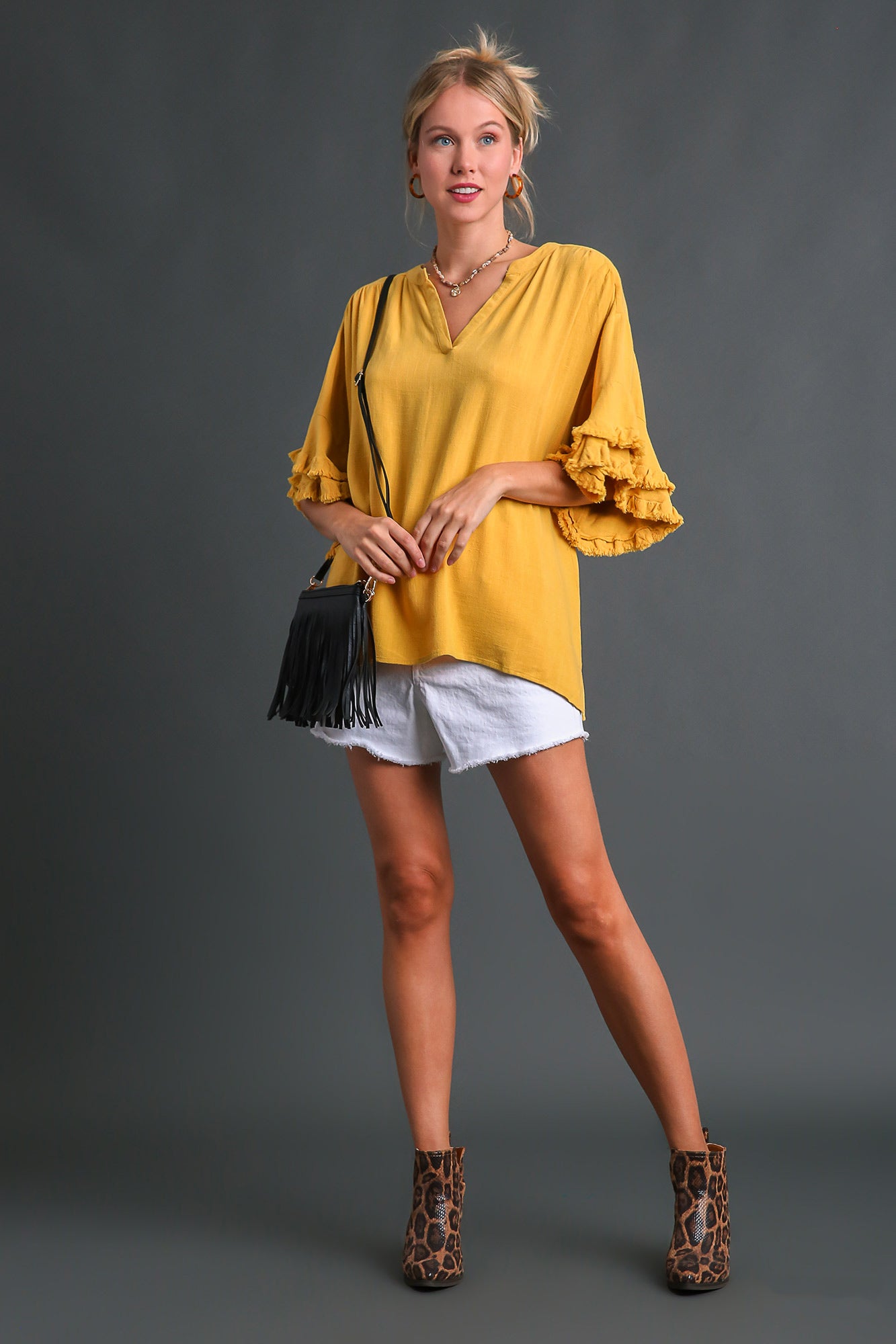 Frayed Double Ruffle Sleeve Top