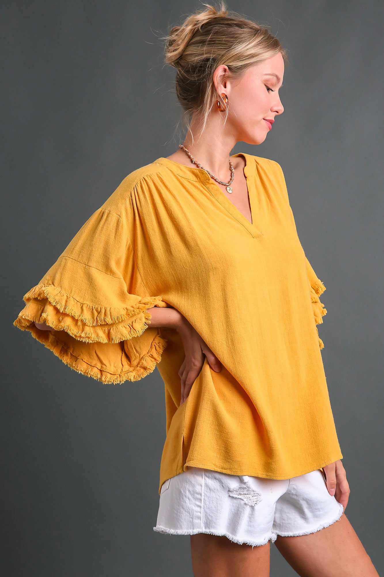 Frayed Double Ruffle Sleeve Top