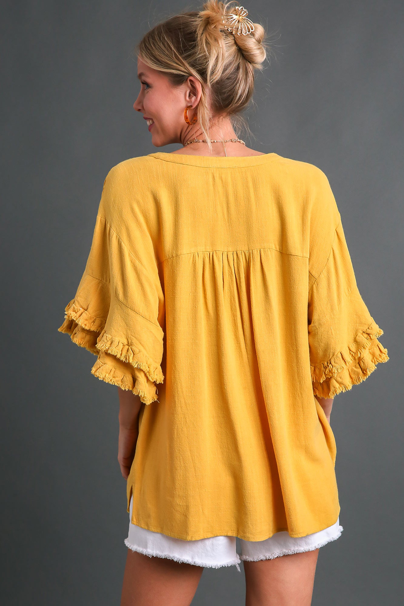 Frayed Double Ruffle Sleeve Top