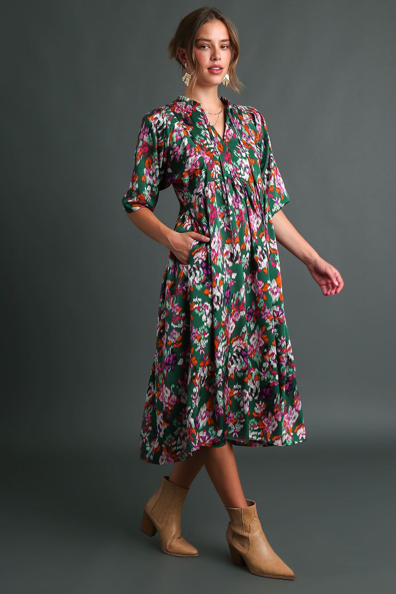 Tie Collar Floral Dress