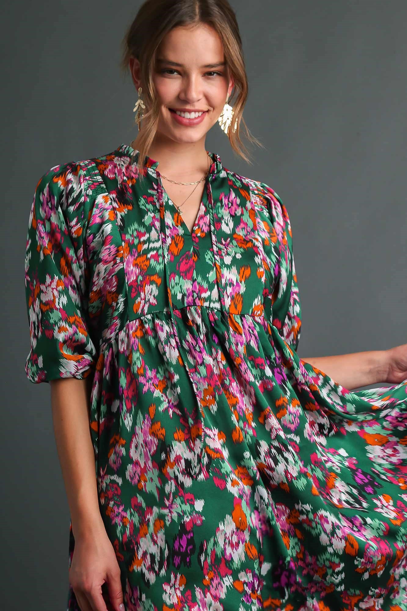 Tie Collar Floral Dress